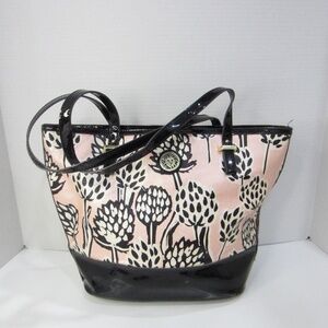 Anne Klein Floral Tote Pink & Black Patent Leather Double Handle Gold Accent